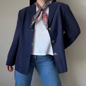 Vintage Linen + Silk Button-Up Blazer in Oxford Blue